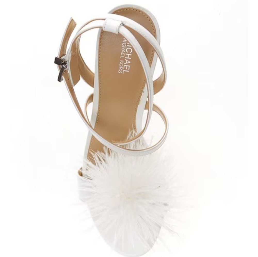 Michael Kors WHITBY FEATHER TRIM LEATHER SANDAL Optic White 7 NEW - Picture 7 of 16